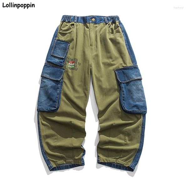Jeans da uomo Army Green Blue Patchwork Color Uomo Pantaloni larghi in denim Elastico in vita 2023 Lettere stampate Hip Hop Mens Cargo