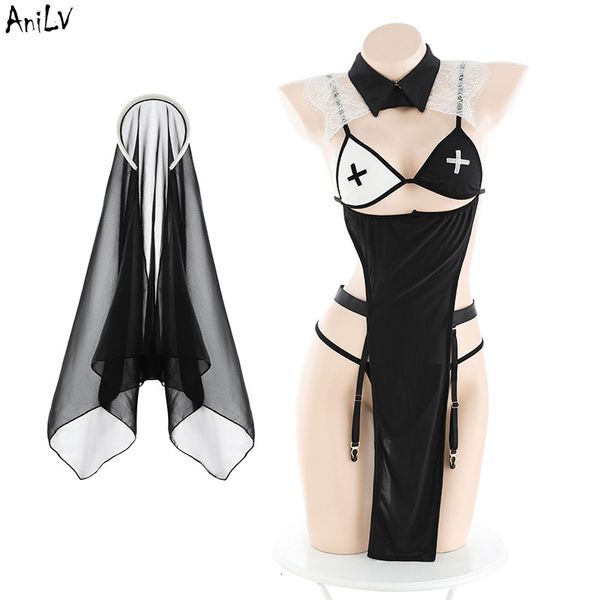 Сексуальное набор Anilv Nun Maid Платье с завесой Unifrom Женщины Хэллоуин Сексуальные ночные наряды костюмы косплей 230710