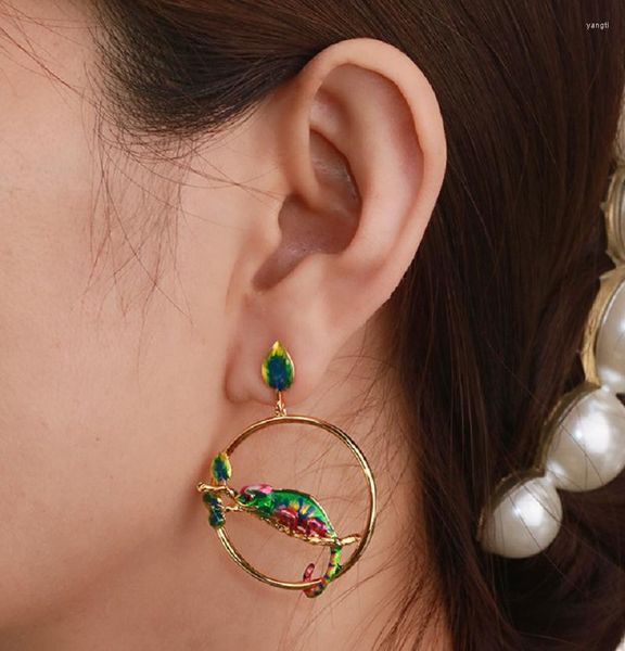 Brincos pendentes exclusivos feitos à mão camaleão joias lagartixa com esmalte lagarto cabrite