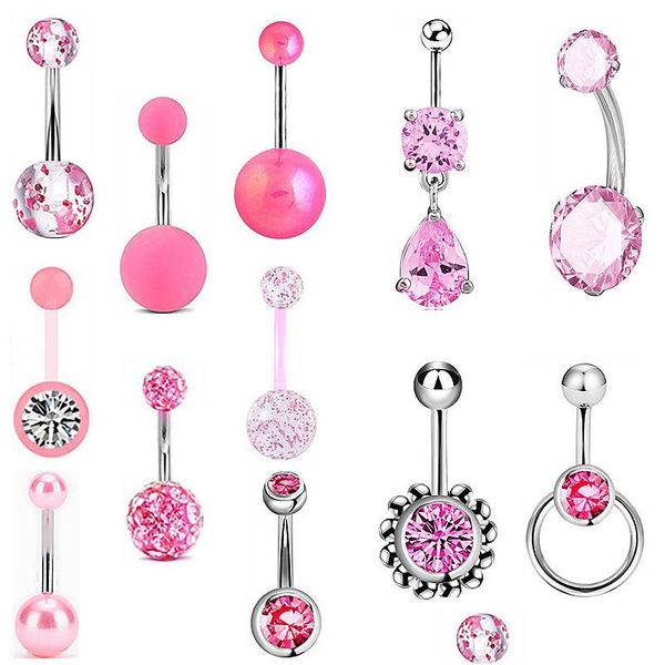 Anelli con bottone a campana per ombelico 12 pezzi / set piercing per donna rosa sfera di cristallo bar acciaio chirurgico estate spiaggia moda gioielli per il corpo Drop De Dhlgo