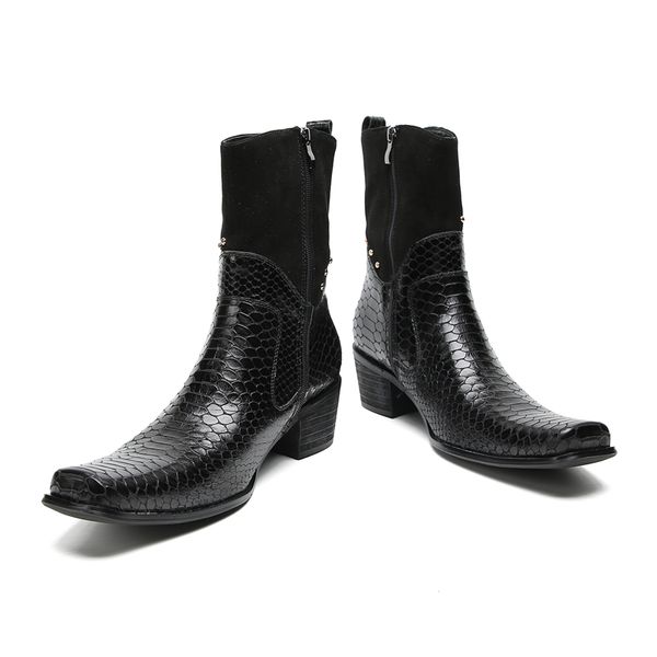 2023 Sapatos de banquete italianos de cor sólida com zíper, clássicos, tamanho grande, bico fino, botas sociais masculinas, couro de vaca, botas longas