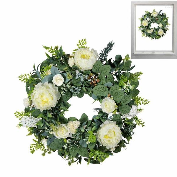 Dekorative Blumen Frühlings-Türkränze 51 cm/20,07 Zoll Künstlicher Pfingstrosenkranz mit grünen Blättern Weiße Blumen-Hängedekorationen Willkommen für