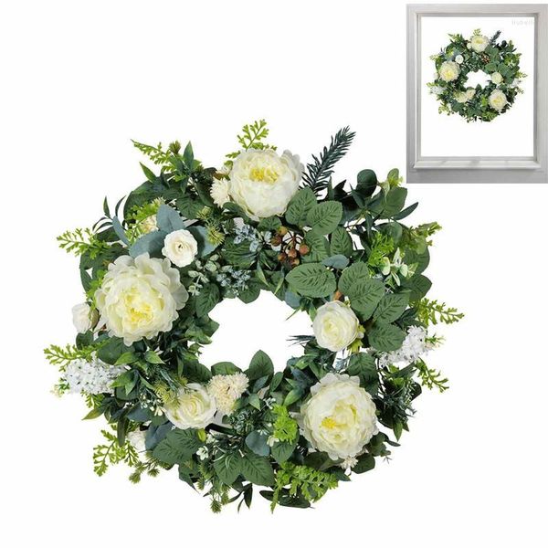 Fiori decorativi Ghirlande di porte primaverili 51 cm / 20,07 pollici Ghirlanda di peonia artificiale con foglie verdi Decorazioni pendenti di fiori bianchi Benvenuto per