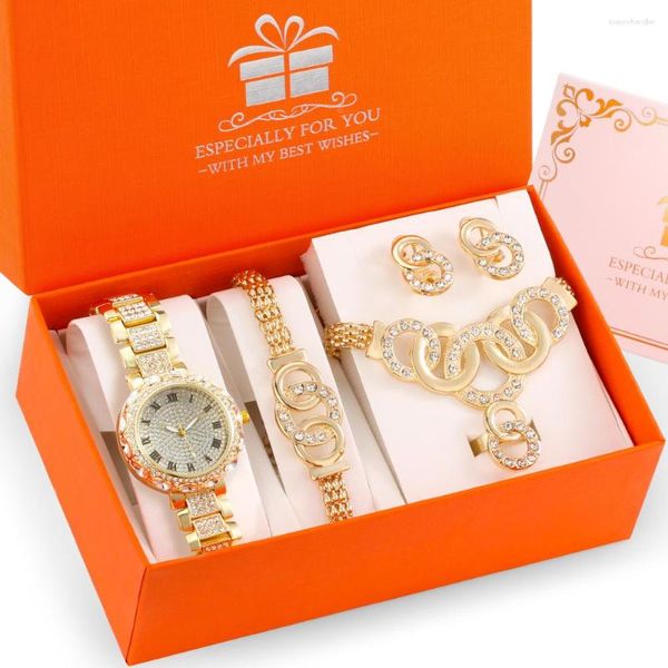 Orologi da polso Orologio di lusso per donna Gioielli con diamanti dorati Bracciale al quarzo da donna Collana Orecchini Anelli Set regalo da 6 pezzi Fidanzata