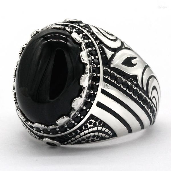 Cluster Rings Big Black Agate Stone Ring для мужчин Реал 925 Серебряный серебряный штук