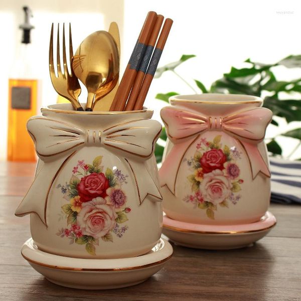 Garrafas de armazenamento Cerâmica Rack de cozinha Garrafa Porcelana Pauzinho Colheres Facas Porta Garfo Com Orifício De Drenagem RosaPresente De CasamentoAzul/Rosa