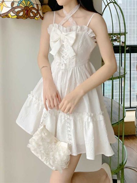 Urban Sexy Dresses 2022 Summer White Lolita Mini Dress Women Kaii Clothing Vintage Fairy Strap Dress Feminino Casual Elegant One Piece Dress Coreano L230711