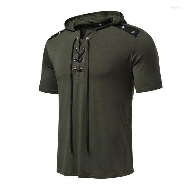 T-shirt da uomo T-shirt a maniche corte con cappuccio da uomo di taglia europea 2023 Tendenza moda estiva Casual T-shirt con lacci grigio verde militare Pullover