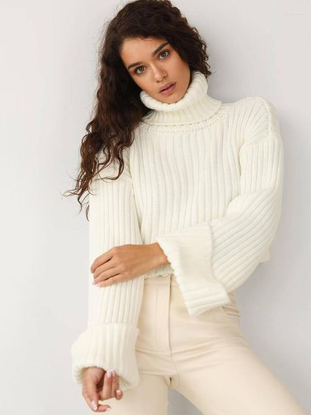 Camisolas femininas branca gola alta manga longa cropped suéter feminino de malha pulôver elegante 2023 outono inverno senhoras jumper tops