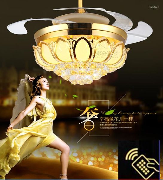 Kronleuchter 42 Zoll Gold Lotus Moderne Deckenventilator Kristall Licht Luxus Klapp Esszimmer Lampe mit Fernbedienung