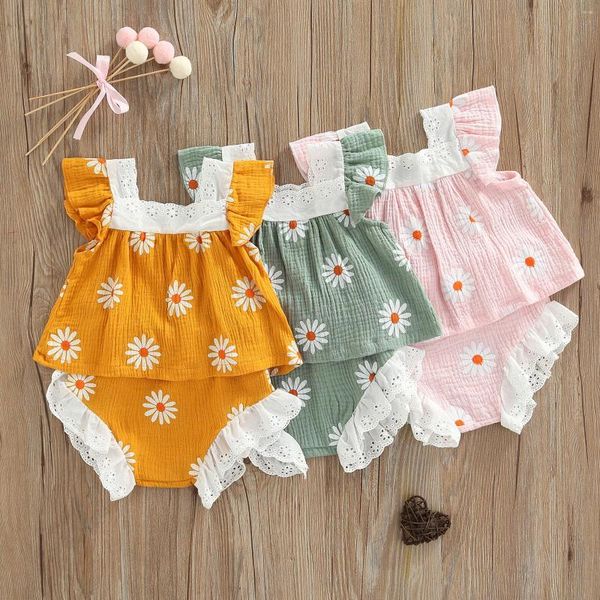 Conjuntos de roupas infantis bebê meninas terno casual manga girassol estampado tops de renda shorts babados