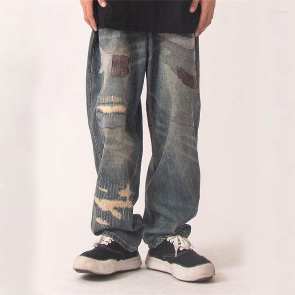 Erkek kot pantolon mol erkek yırtılmış sıkıntılı, sokak kıyafeti hip hop rap gevşek patchwork yama geniş bacak y2k denim pantolon deliği ince yaz