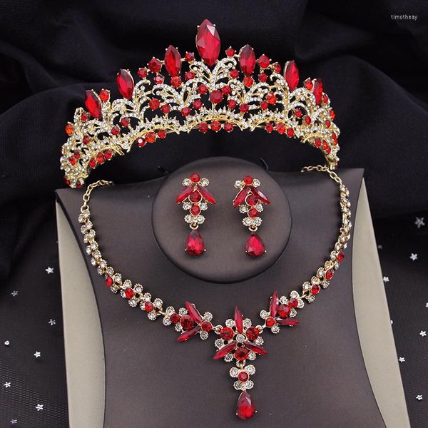 Colar Brincos Conjunto Lindo Cristal Vermelho Luxo Noiva Para Mulheres Tiaras Coroa Conjuntos Noiva Formatura Casamento