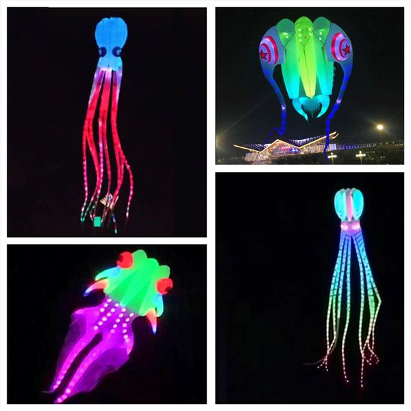 Drachenzubehör 20 m LED-Oktopus-Drachen fliegender Trilobiten-Drachen für Erwachsene Schnurschnur Windsurfen Fische mit Batterie 230711