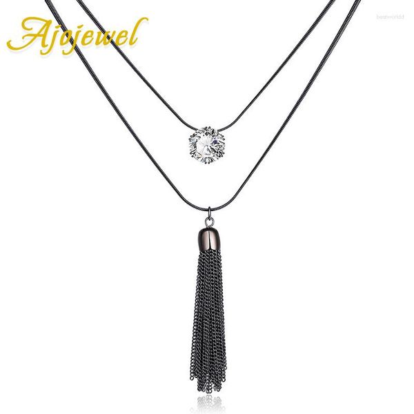 Pendentif Colliers Ajojewel Vintage Métal Gland Collier Noir CZ Cristal Double Couches Femmes Avec Pierre