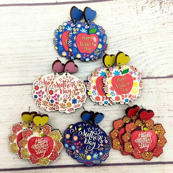 Ciondola gli orecchini in legno Happy Mother's Day 2023 Apple Flower Print Heart Wood Mama Gifts Festival gioielli all'ingrosso