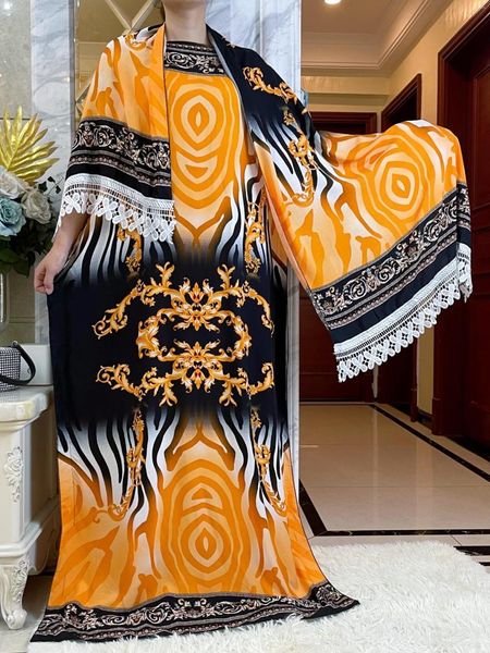 Ethnische Kleidung Muslimisches Kleid mit großem Schal für Frauen 2023 Dubai Ramadan Payer Kleidung Blumenapplikationsdruck Baumwolle Afrikanische Kleider