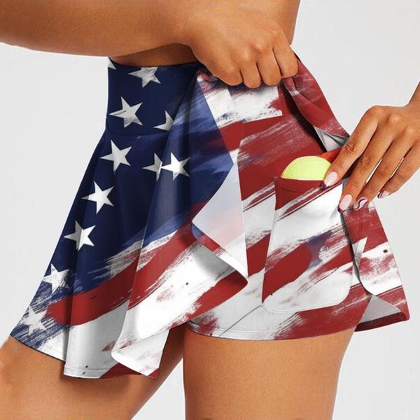 Shorts Feminino Independence Day Saia Saias Estampada Bandeira dos EUA Tênis Cintura Alta Plissado Com Bolsos Calça Atlética Feminina