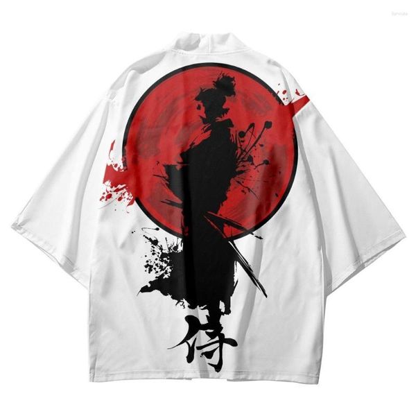 Abbigliamento etnico Bianco Samurai giapponese Stampa sole rosso Kimono tradizionale Cosplay Haori Obi Donna Uomo Cardigan Spiaggia Yukata Abbigliamento asiatico