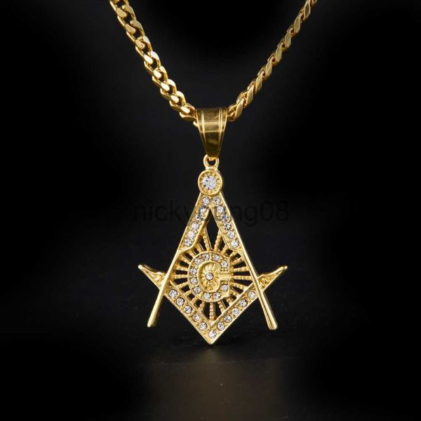 Anhänger Halsketten Hip Hop vergoldet Freimaurer Charm Anhänger Iced Out Kristall Edelstahl Silberton Freimaurer Anhänger Halskette Kragen Kette x0711