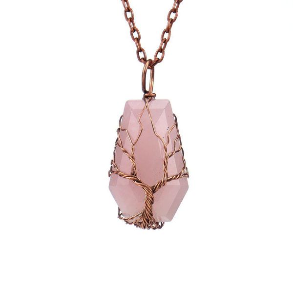 Colares com Pingente Caixão Envolto em Arame Colar Árvore da Fortuna da Vida Pedra Natural Quartzo Rosa Cristal de Cura Olho de Tigre Ametista Wom Dhnkw