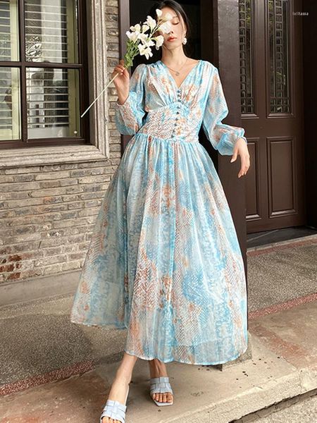 Sıradan Elbiseler Çingene Fransız Fransız Zarif Çiçek Maksi Elbise Şifon V yakalı Mavi Uzun Fener Kollu Kadınlar Boho Tatil Bayanlar