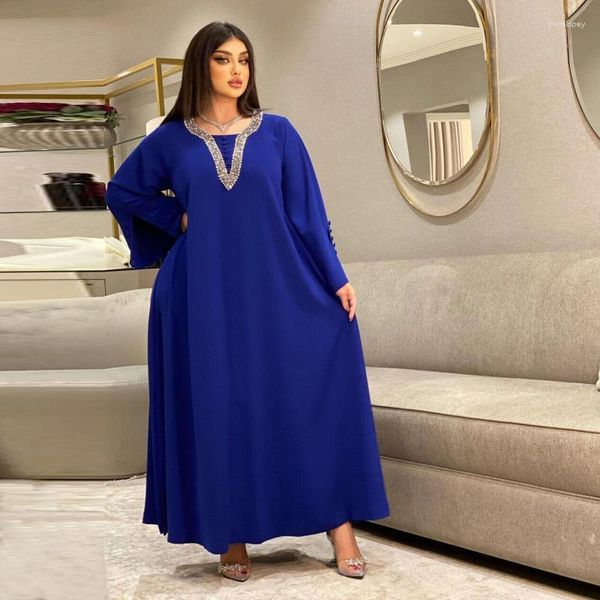 Abbigliamento etnico Moda Festa Abiti blu Donne africane Kaftan Eid Hijab musulmano Abito Abaya Dubai Turchia Marocco Abito strass Ramadan