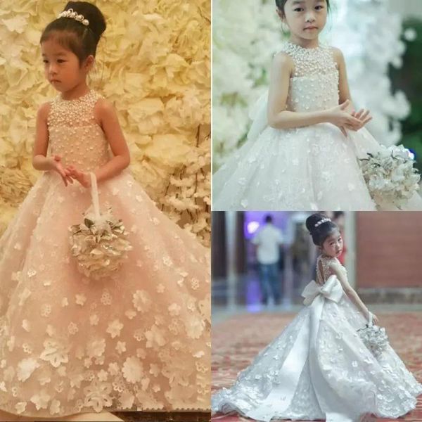 2023 süße Spaghetti handgemachte Blumenmädchenkleider Schleife Gürtel Perle Prinzessin Kinder bodenlanges Brautjungfernkleid Mädchen Festzug Ballkleid