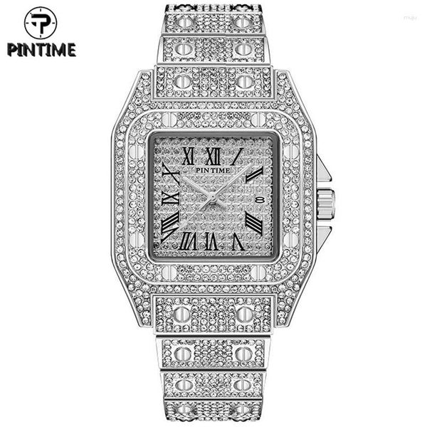 Relógios de pulso PINTIME Quartz Watch Men Luxo Full Diamond Hip Hop Iced Out Sliver Cronógrafo Relógios de Aço Inoxidável Relógio de Pulso Masculino