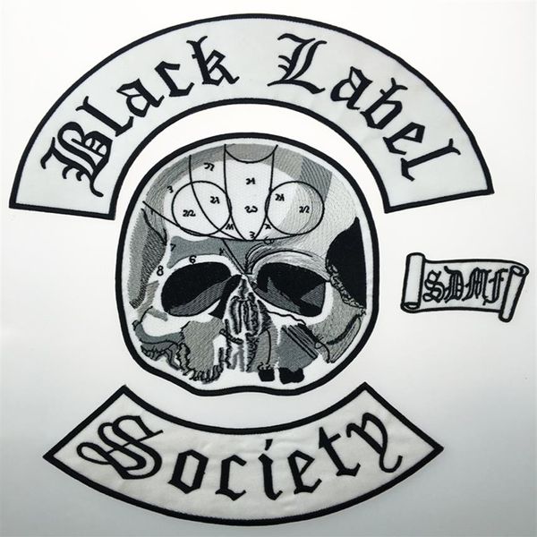 Todo excelente conjunto traseiro de 4 peças Black Label Society remendo de ferro bordado Jaqueta de motociclista Colete de remendo de ferro em qualquer modo de vestuário 323E