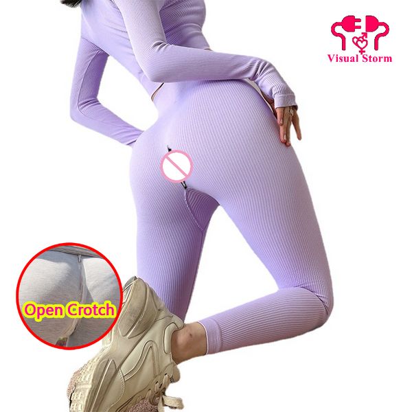 Donna con apertura sul cavallo Leggings sexy Cerniere nascoste Vita alta Fitness Elastico Sesso all'aperto Mutandine strette senza cavallo Pantaloni erotici