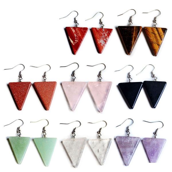 Brinco pendente lustre de pedra preciosa natural para mulheres triângulo opala olho de tigre rosa quartzo ametista turquesa cristal roun dh94c