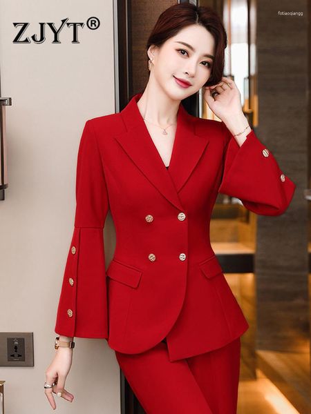 Ternos femininos ZJYT elegante outono blazers para mulheres 2023 jaquetas casacos manga flare escritório senhora Veste Femme vermelho plus size casacos tops