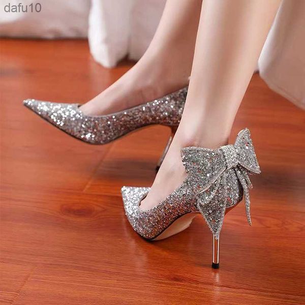 8см свадебные высокие каблуки Bling Sequined Stiletto Heel Works Back Bowknot заостренная вечеринка для женской туфли большого размера 42 L230704