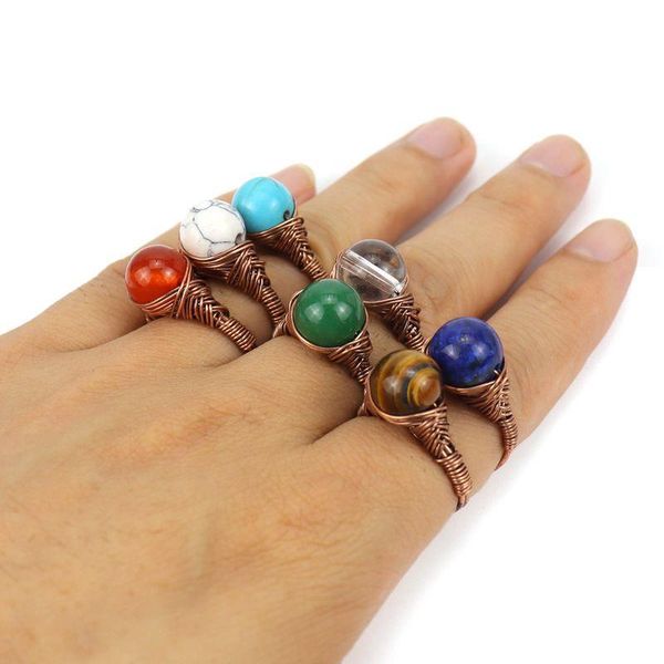 Solitärring Retro Wire Wrap Naturstein Handwerk Kugelringe Lapis Lazi Amethyste Tigerauge Opal Rosa Kristall Für Frauen Schmuck Dro Dhzod