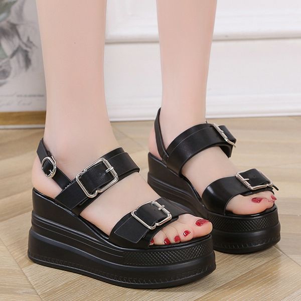 Schwarz Weiß Chunky Plattform Sandalen Frauen Mode Doppel Schnalle Keil High Heels Sandalen Frau Sommer Dicken Boden Strand Schuhe