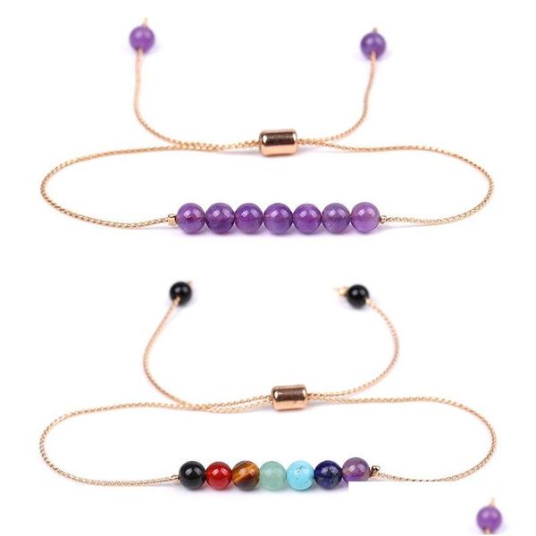 Charm Bracelets Natural Stone Chakra Bracelet 4Mm Amethyst Red Agate Tiger Eye Lazi Copper Wire Chain Ajustável Women Yoga Jewelry Dhvu3