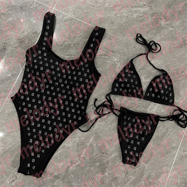 Costume da bagno intero con lettere di diamanti Costume da bagno biquini da vacanza Costume da bagno senza schienale vuoto per bikini sexy da donna