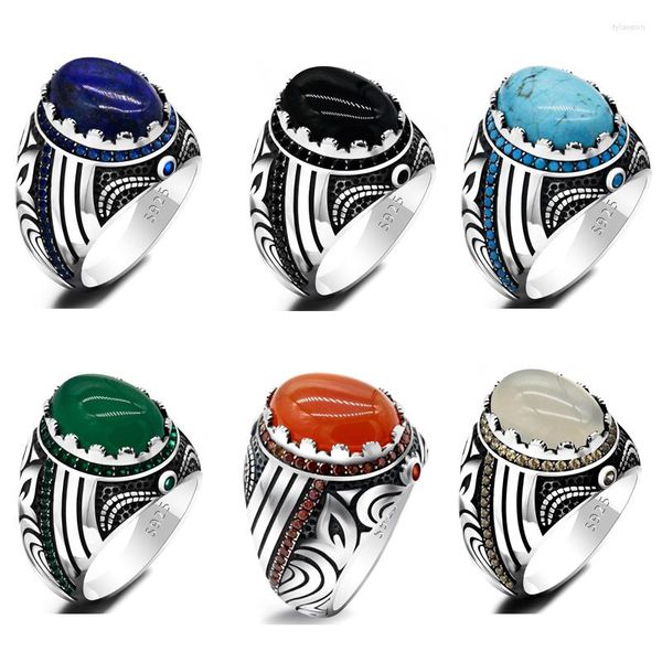 Cluster Ringe Echt 925 Sterling Silber Herren Ring mit großem Achat/Lapis/Türkis Edelstein Vintage Türkischer Herrenschmuck Kostbares Geschenk