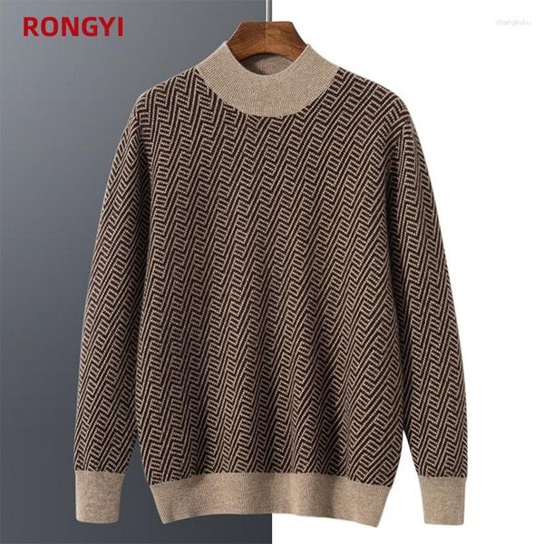 Suéter Masculino RONGYI Pure Cashmere Sweater Mock Gola Alta Jacquard Outono E Inverno Moda Retro Color Blocking Pullover Top