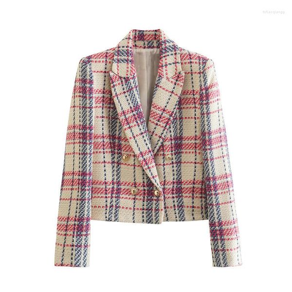 Ternos femininos 2023 Tweed Jaqueta de Lã Ultracurta Terno Casaco Feminino Primavera Outono Cintura Alta Xadrez Blazers Feminino Magro Casual Tops Outerwear