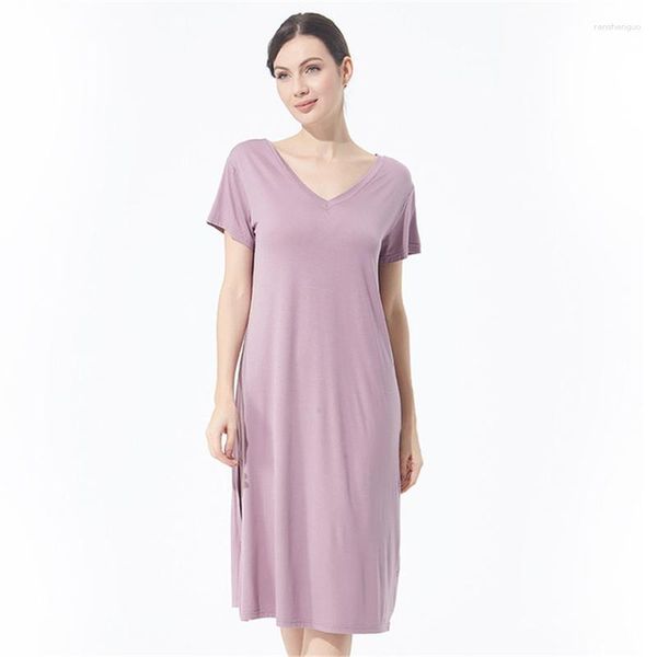 Pijamas Feminino Vestido de Noite Roxo Feminino Algodão Camisola Casual Solta Decote em V Manga Curta Fenda Saia Sexy Seksi Gecelik