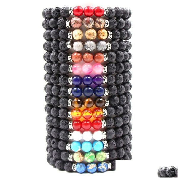 Charm Bracelets Fashion Sier Gold Black Lava Stone Chakra Bracelet Aromatherapy Essential Oil Difusor For Women Men Drop Delivery Je Dhew6