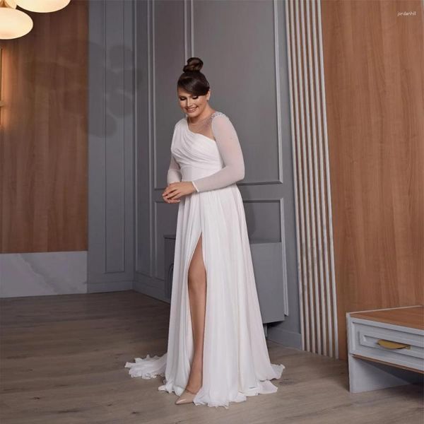 Vestidos de festa branco noite manga longa decote em bico vestido simples linha A linha de cintura alta drapeado lateral para baile de formatura para casamento