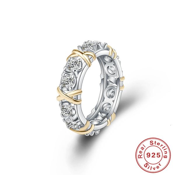 Mit seitlichen Steinen 925 Sterling Silber Ringe Gold Trennung eingelegter Zirkon für Frauen Glamour Schmuck Verlobung Hochzeit Geschenke 230710
