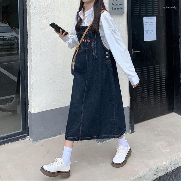 Casual Kleider Koreanische Denim Overalls Kleid Frühling Sommer Frauen Vintage Obst Stickerei Jeans Y2k Mode Verstellbare Träger Midi