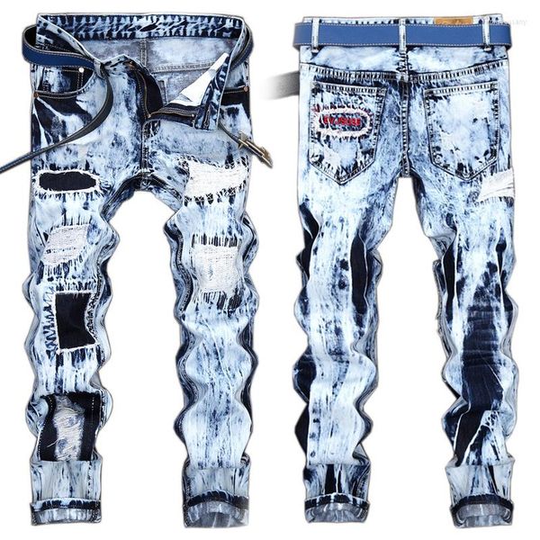 Herren-Jeans, Patchwork-Denim, gerade, große Größe, europäische und Fluthose, helle Farbe, amerikanische Stickerei, Lochnaht