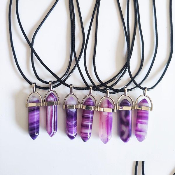 Colares com Pingente de Pedra Natural Roxo Listras Vermelhas Ágata Hexagonal Prisma Forma Reiki Feitiços de Cura Pu Colar de Corrente Para Mulheres Jóias Dhcvf