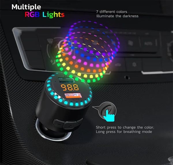 Bluetooth 5.0 Car FM-передатчик беспроводной беспроводной звонок вручную Mp3 Player 7 Color RGB Lights 2 USB-аксессуары CAR Accessories Dhl FedEx