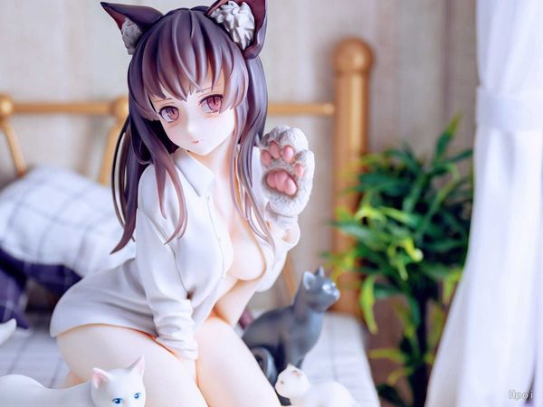 Eylem Oyuncak Figürleri 14cm anime Şekil Mia Cat Girl Ears Peluş Pençeler Kuyruk Beyaz Gömlek Seksi diz çökmüş esmer kız model oyuncak hediye koleksiyon kutulu